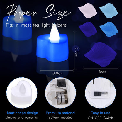 Coume 6000 Pieces Artificial Rose Petal 72 Pieces LED Tealights Candle, Romantic Decorations Special Night Rose Petal Heart Candle for Valentines Wedding Anniversary Proposal Decor(Cute Blue Light)