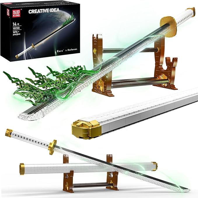 Mould King 10258 Anime Swords Building Blocks Set Rechargeable LED Light Sword for Adult Role-Playing - Zoro’s Wado Ichimonji Model with Display Stand &amp Scabbard
