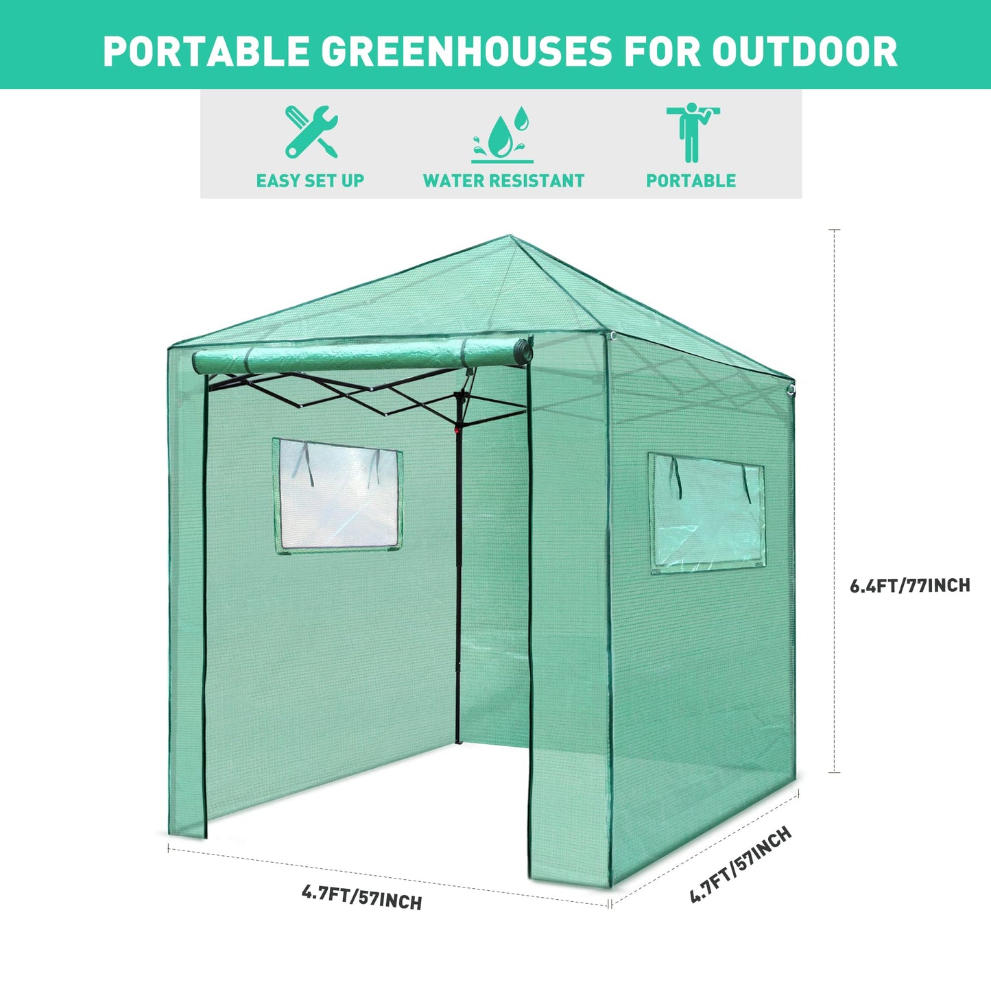 PexFix 6'x 5' Portable Walk-in Greenhouse, Easy Setup, Indoor/Outdoor, 2 Roll-Up Mesh Windows, Roll-Up Zipper Door, Green