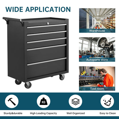 GarveeLife 5-Drawer Tool Box 24" Garage Tool Box with Key Lock and Removable Drawer Liners, Wheeled Design, Suitable for Garages, Warehouses, Workshops, and Repair Shops - Black