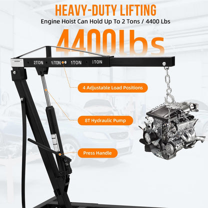 Hydraulic Engine Hoist 2 Ton, Cherry Picker Shop Crane with 6 Casters and Telescopic Boom, 4400 Lbs Heavy Duty Engine Hoist Crane Lift for Garage, Workshop, Automotive Repair, Black