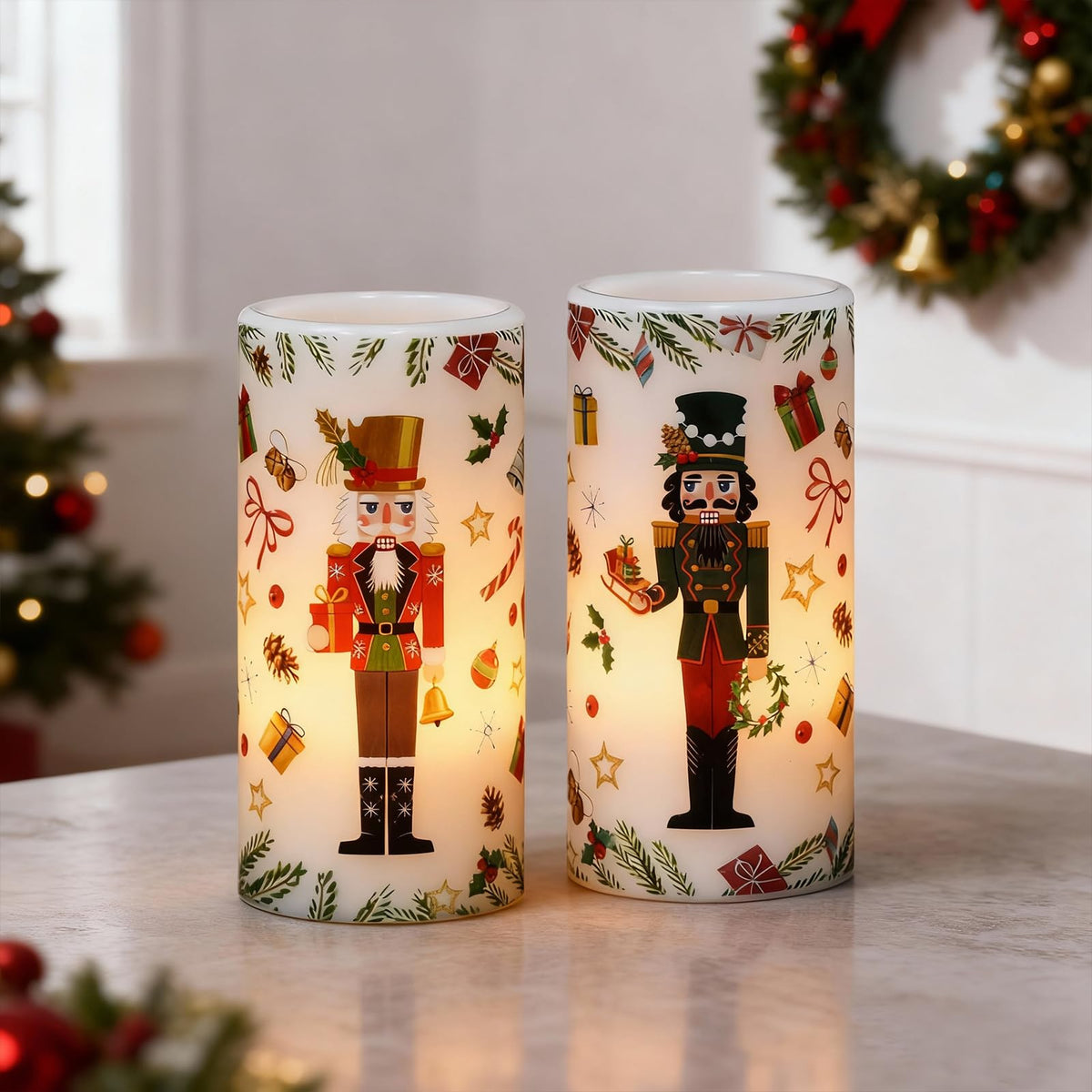 Lasumora Christmas Nutcracker Flameless Pillar Candles with Remote Timer, LED Candles in Real Wax Holder, Battery Operated Candle for Christmas Décor Indoor Xmas Gifts(2 Pack, 3” x 6”)