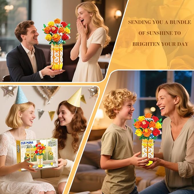 Flower Bouquet Building Set with Vase &amp LED Light Yellow Orange and Red Roses 3.6MM Mini Building Blocks Gifts for Women/Girlfriend/Wife Small Fake Flowers for Home Office Decor