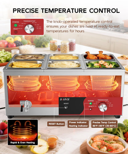 DULNICE 6-Pan Commercial Food Warmer, 1500W Stainless Steel Bain Marie with Anti-Dry Burn and Reset Button, Countertop Soup Warmer with Drain Tap, Soup Spoon for Buffet, Catering, Parties, Restaurants