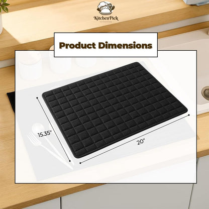 KitchenPick Microfiber Dish Drying Mat 15" x 20", Large Water-Absorbent Dish Drying Mat, Soft Quick-Dry Mat for Sink Dishes, Pots and Pans, Machine Washable Black Dish Drying Matt Kitchen Counter