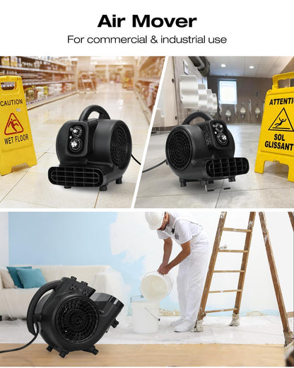 VORBO Air Mover Blower Fan, 1/3 HP 2000CFM Carpet Dryer, 3 Speeds Floor Blower Fan with Timer and 4 Adjustable Angles, Stackable, for Janitorial, Home and Commercial Use, Black