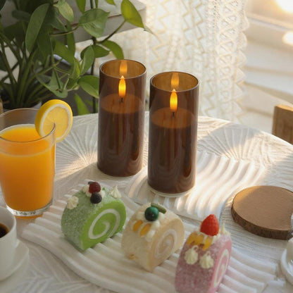EZiKitchen 2 Pack LED Battery Operated Candles 2"x 5" Plastic Flickering Flameless Candles with Timer Wedding Party Halloween Christmas Decoration Gifts Slim Tall Pillar Candles,Brown