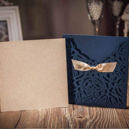 WISHMADE Jofanza 5.9x5.9 Inch 50PCS Navy Blue Laser Cut Wedding Invitation Cards with Bowknot and Envelopes Kraft Paper Blank invitation for Wedding Engagement Party Invite