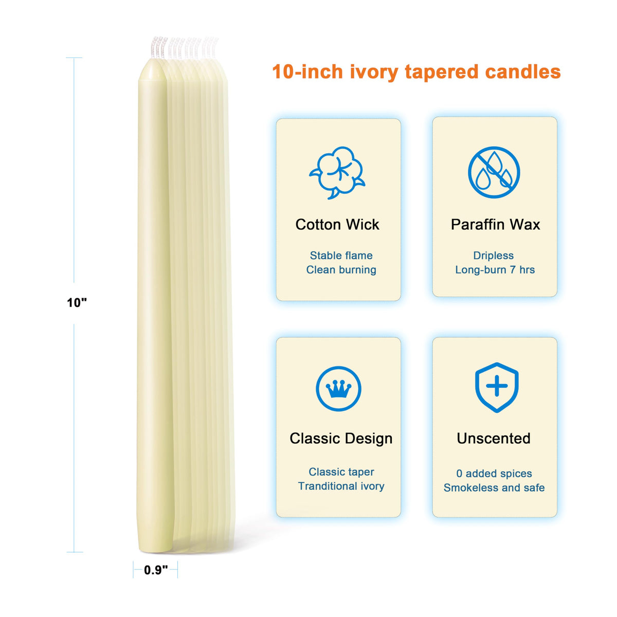 Twinmoon Taper Candles-10 inch Flamecan Tapered Candlesticks Unscented Smokeless Long Burning Candle Sticks 7-8 Hours Paraffin Wax for Party Wedding Dinner Home Decor(Ivory,12 Pack)