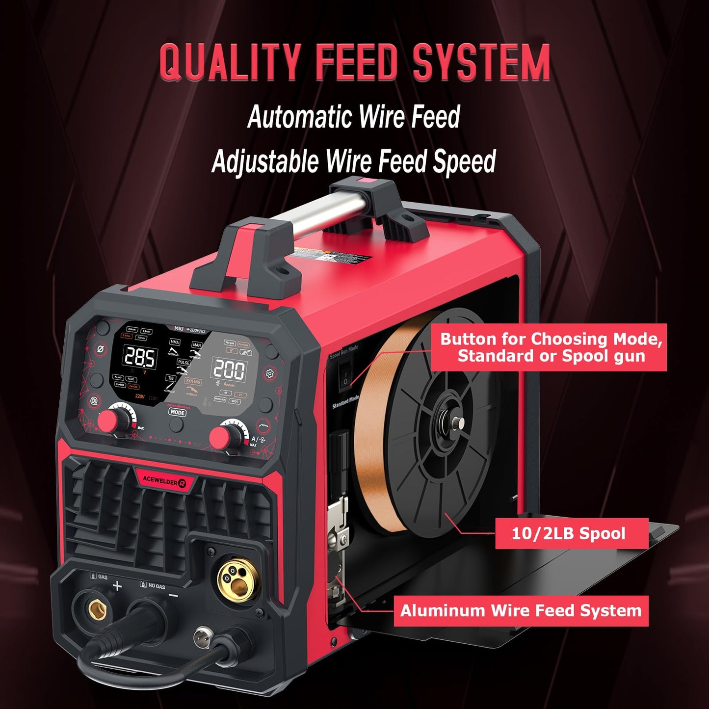 ACEWELDER Aluminum MIG Welder with Pulse 200A 7 in 1 Gas MIG/Pulse MIG/Gasless Flux Core/Stick/Lift TIG/Spot Weld/Spool Gun Compatible 110V/220V Multiprocess Welding Machine