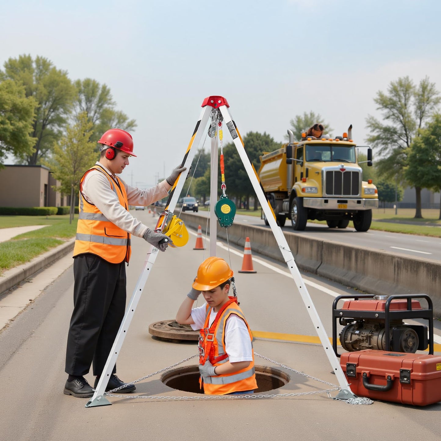 VEVOR Confined Space Tripod Kit, Heavy Duty Rescue Tripod Lifting Hoist 1200 lbs Winch, 4.1 ft Adjustable Legs, 65 ft Cable Portable Kit, 32.8 ft Fall Protection, 4.40-7.05 ft Working Height