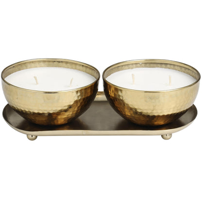 Deco 79 Metal Decorative Candle Egyptian Mint Scented Hammered 12 oz 2 Wick Aromatherapy Candle with White Wax, Set of 2 Wax Aromatherapy Candle 10" W, 3" H, Gold