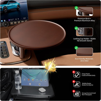 Car Tray & Car Desk for Laptop, 360° Rotating Wood Cup Holder Table, Steering Wheel Tray, Car Accessories for Women & Men,Compatible with Tesla Model Y/3/S, Ford F150/Explorer/Maverick & Most Vehicles