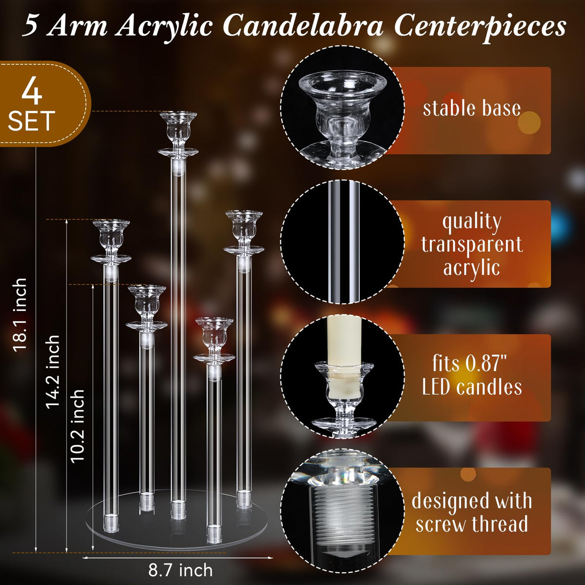 Layhit 4 Sets Acrylic Candelabra Candle Holder 5 Arm Wedding Table Centerpiece 18.1" Tall Acrylic Clear Candle Holder with Base Candlesticks Decoration for Father Day Graduation Party, Fit 0.87'' Led