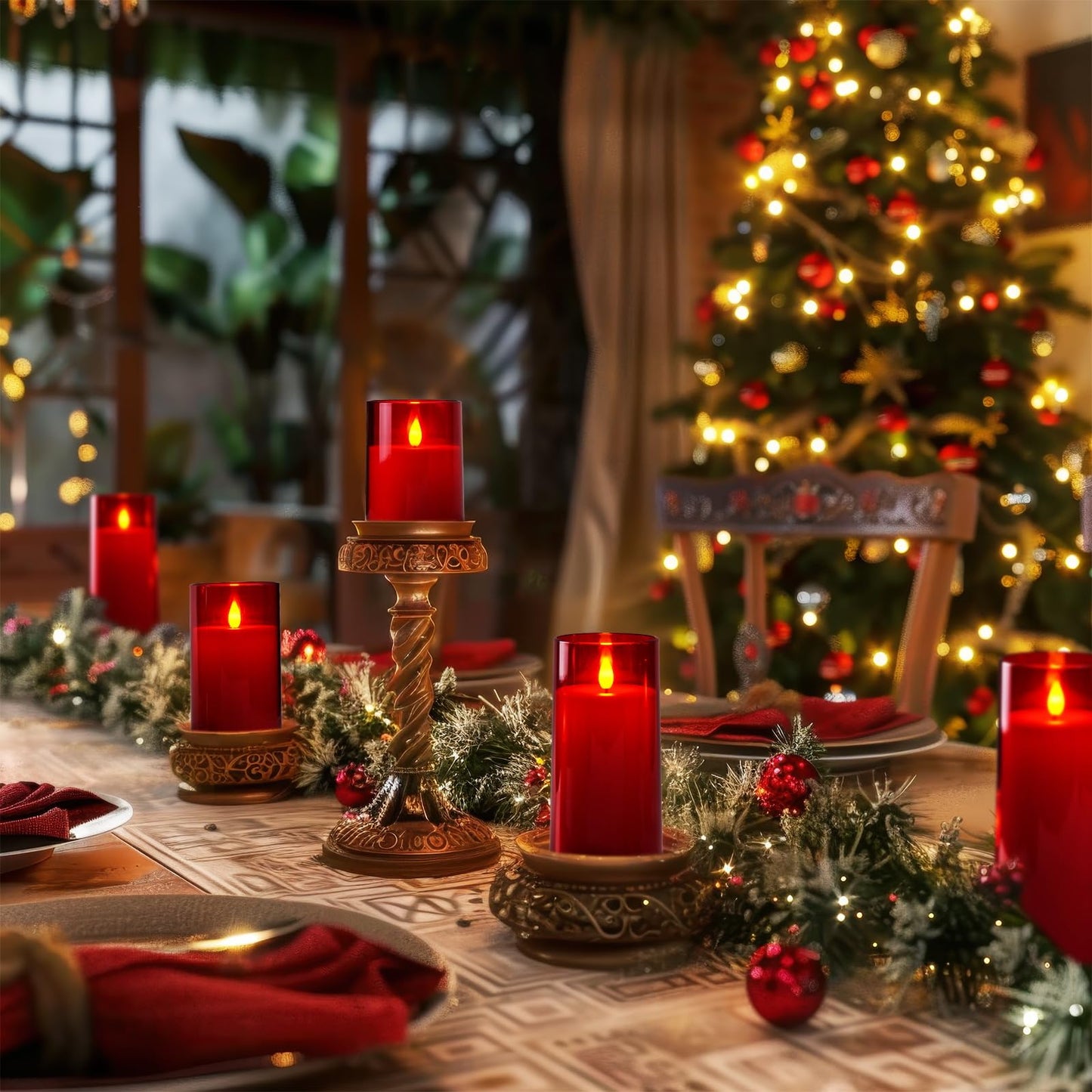 Homemory Christmas Red Flickering Flameless Candles, Battery Operated Acrylic LED Pillar Candles with Remote Control and Timer, Set of 5