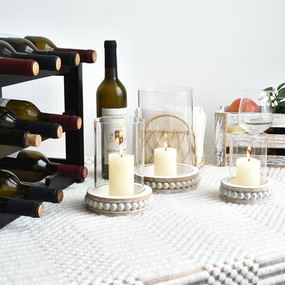 SWALLOWLIVING Glass Hurricane Candle Holders for Pillar Candles - Farmhouse Rustic Distressed White, Set of 3 with Wood Beaded Base