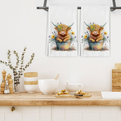 AnyDesign Highland Cow Kitchen Dish Towel 18 x 28 Inch Rustic Farmhouse Dishcloth Seasonal Cute Cow Decorative Hand Tea Towel for Kitchen Home Cooking Baking Cleaning, 2 Pcs