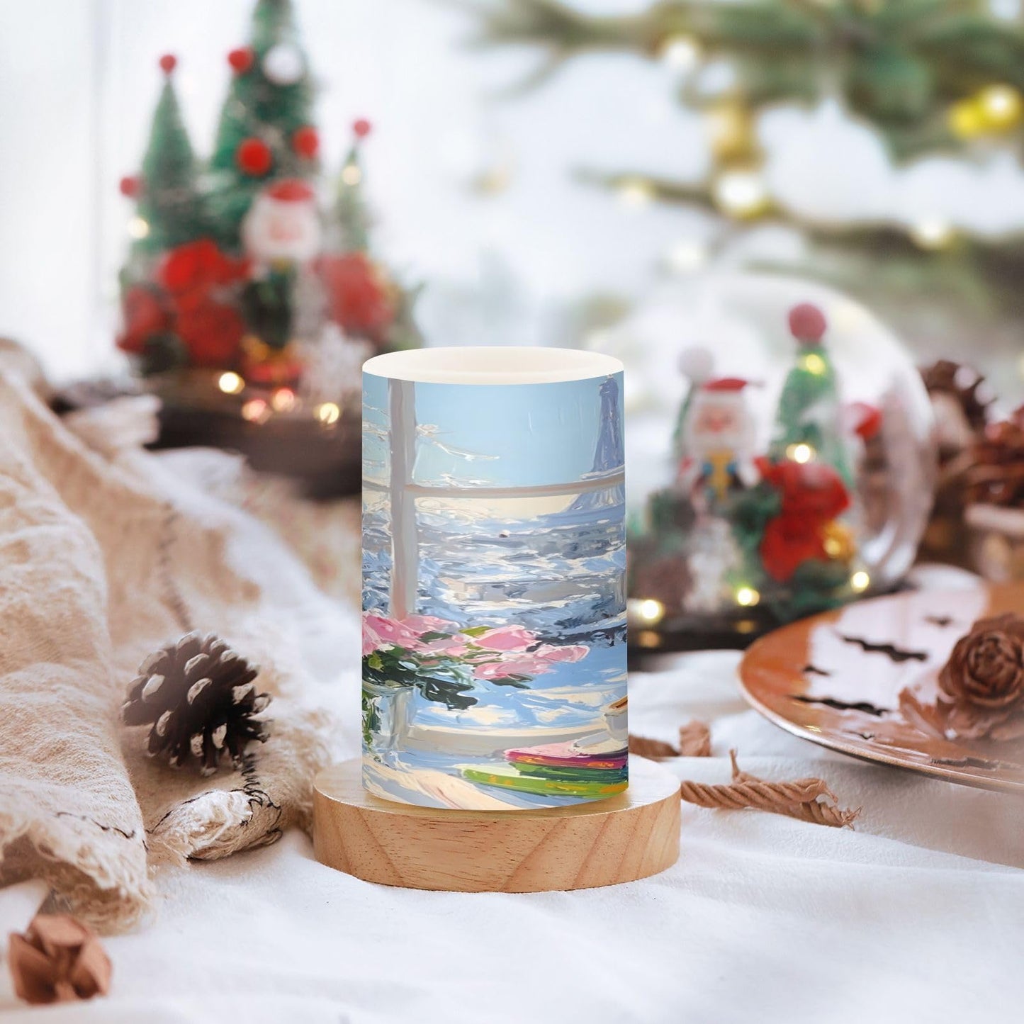 ALAZA Flameless Candles with Remote Timer,Winter Paris Tower Snow Scene Battery Operated Candles Set of 2 LED Tea Lights Flickering Pillar Votive Candles for Indoor Outdoor Decor