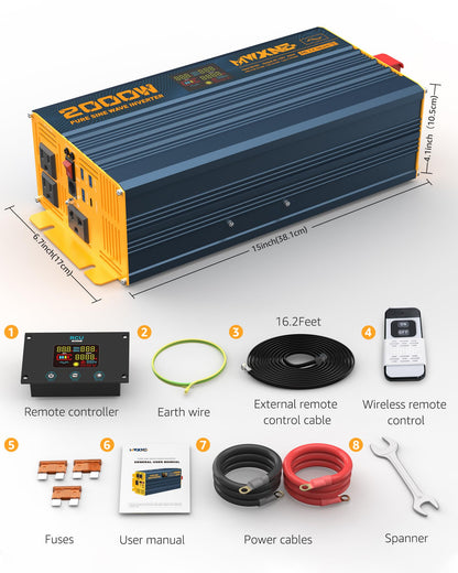 MWXNE 2000W Pure Sine Wave Power Inverter DC 12V to 110V 120V AC with 4 Quick Charging USB Ports& 3 AC Outlets Power Inverters for Vehicles RV Truck Home with LCD Display and Remote Controller