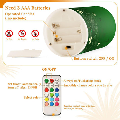 ALAZA Glowing Green Golden Shamrock Flickering Flameless Candles Patrick's Day Battery Operated with Remote Timer,Tea Light Candles LED Pillar Votive Candles Set of 2 for Outdoor Indoor Decorations