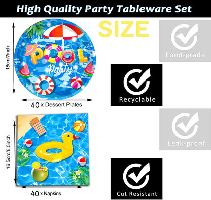 GOGUOGOFA 80Pcs Pool Party Supplies Summer Pool Party Set 7""Pool Paper Plate Pool Napkins for Beach Pool Theme luau Beach Pool Birthday Party Decorations|Serve 40, Blue