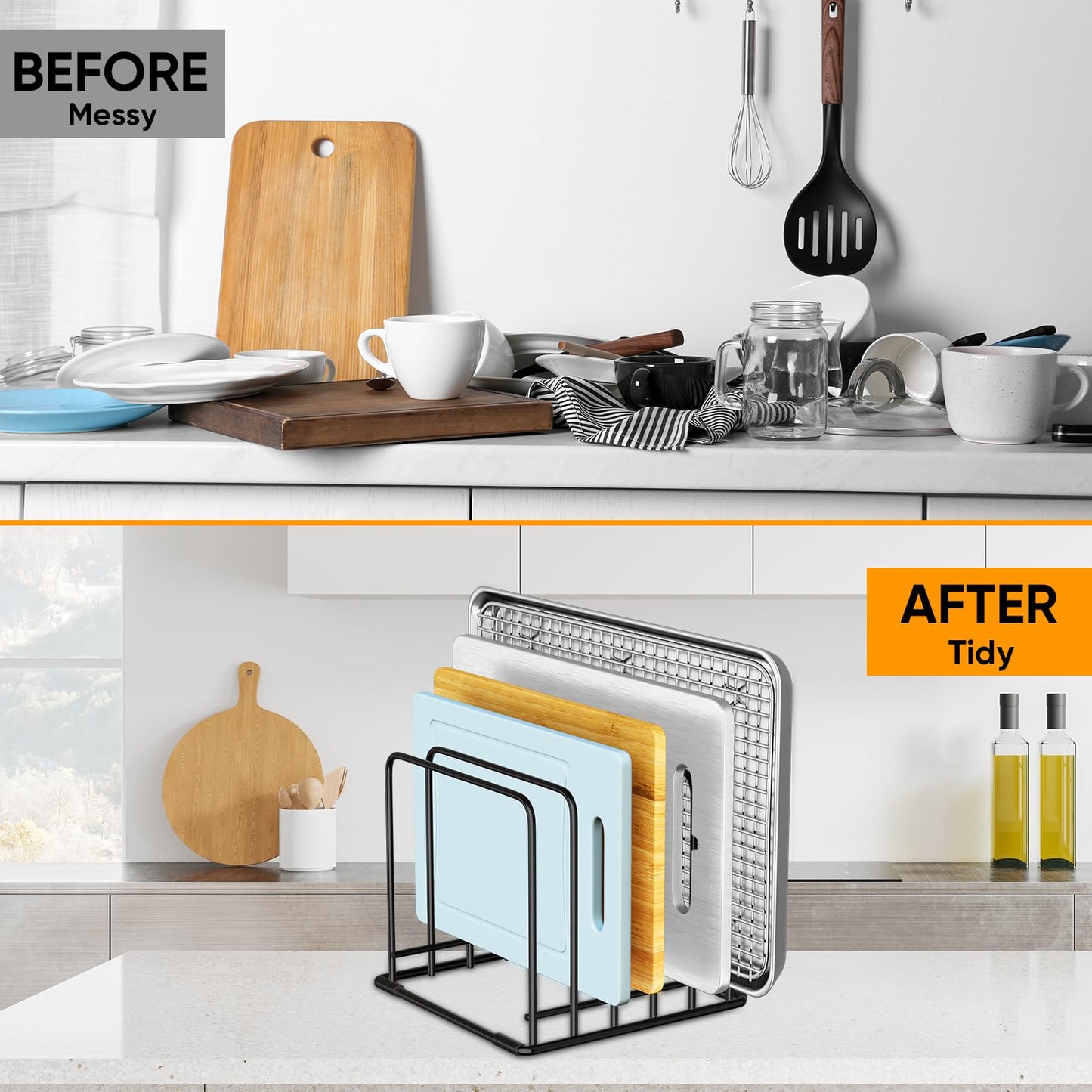 Kitchen Organizer Rack - 5-Slot Heavy-Duty Cutting Board and Bakeware Holder, Rust-Resistant with Anti-Slip Feet for Countertop or Cabinet Storage