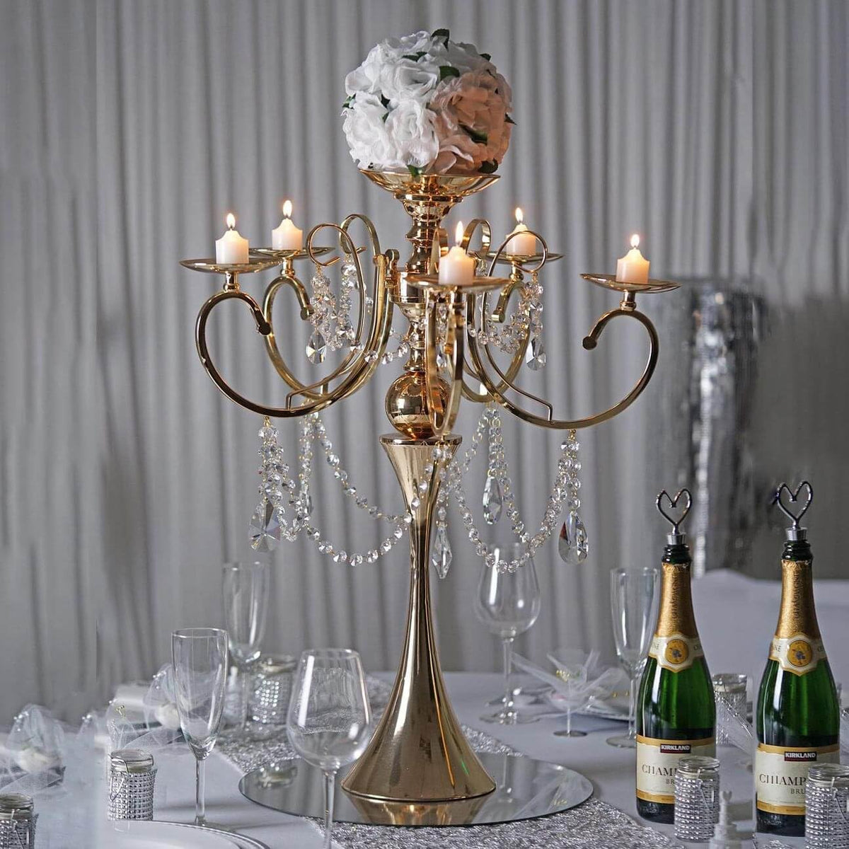 Efavormart 27" Gold Metal 5 Arm Candelabra Votive Candle Holder with Hanging Crystal Drops