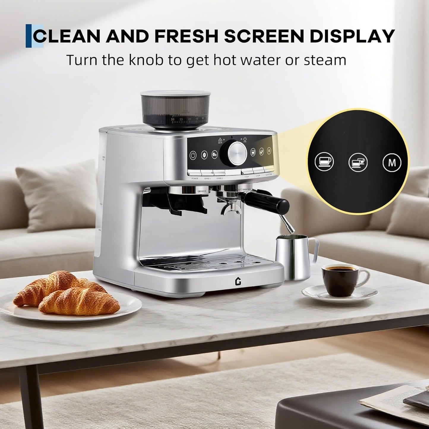 ExploreHorizon 20 Bar Espresso Machine with Built-In Grinder & Milk Frother, 1.5L Removable Water Tank, Adjustable Shot Volume & 30 Grind Settings for Home or Office Use, Stainless Steel Silver