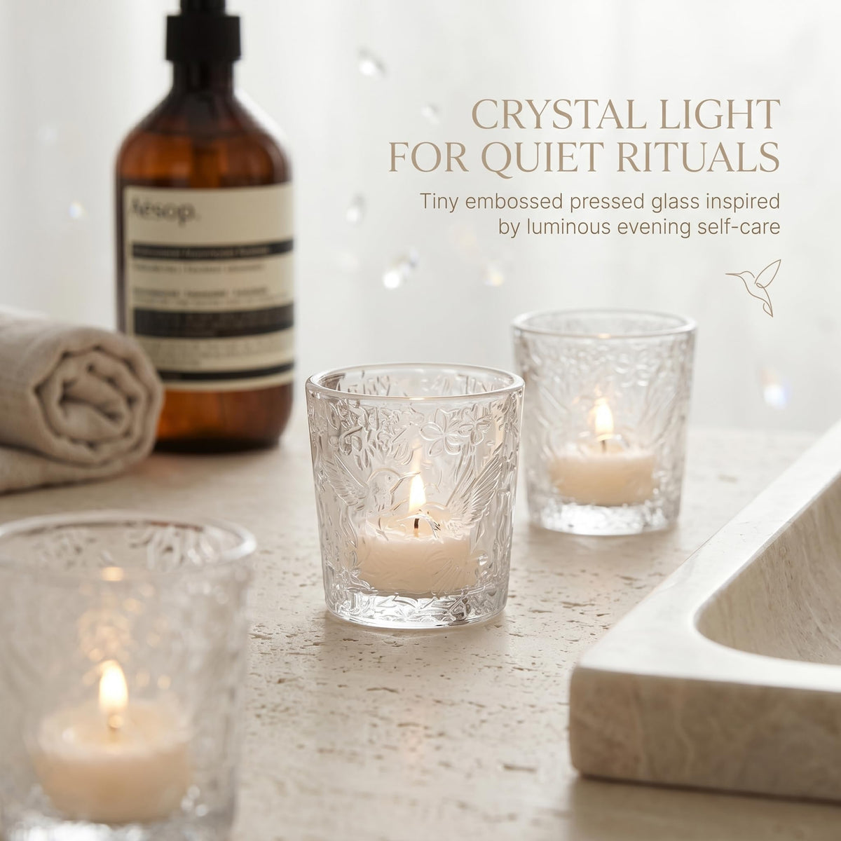 6 Pack Hummingbird Embossed Glass Candle Holders Votive Tealight Holders with Patent Design, Decorative Cups for Wedding Centerpieces, Parties, and Home Decor (Crystal Clear)