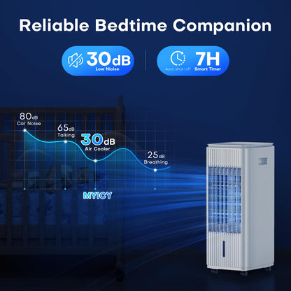 MYICY Evaporative Air Cooler, 25 Inch Swamp Cooler Air Conditioner w/Double Tanks, 7H Timer, 16ft Remote, 3 Ice Packs, 70° Oscillation, 3 Speeds & 2 Modes, 60W Portable Windowless Air Conditioner