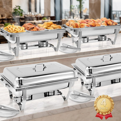 Stelora Chafing Dishes for Buffet, 9 Qt High Grade Chafing Dish Buffet Set, Rolled-Edge Design Food Warmers for Parties, Buffet, Wedding, Birthday, Camping 4 Pack 12 Pans (Silver)