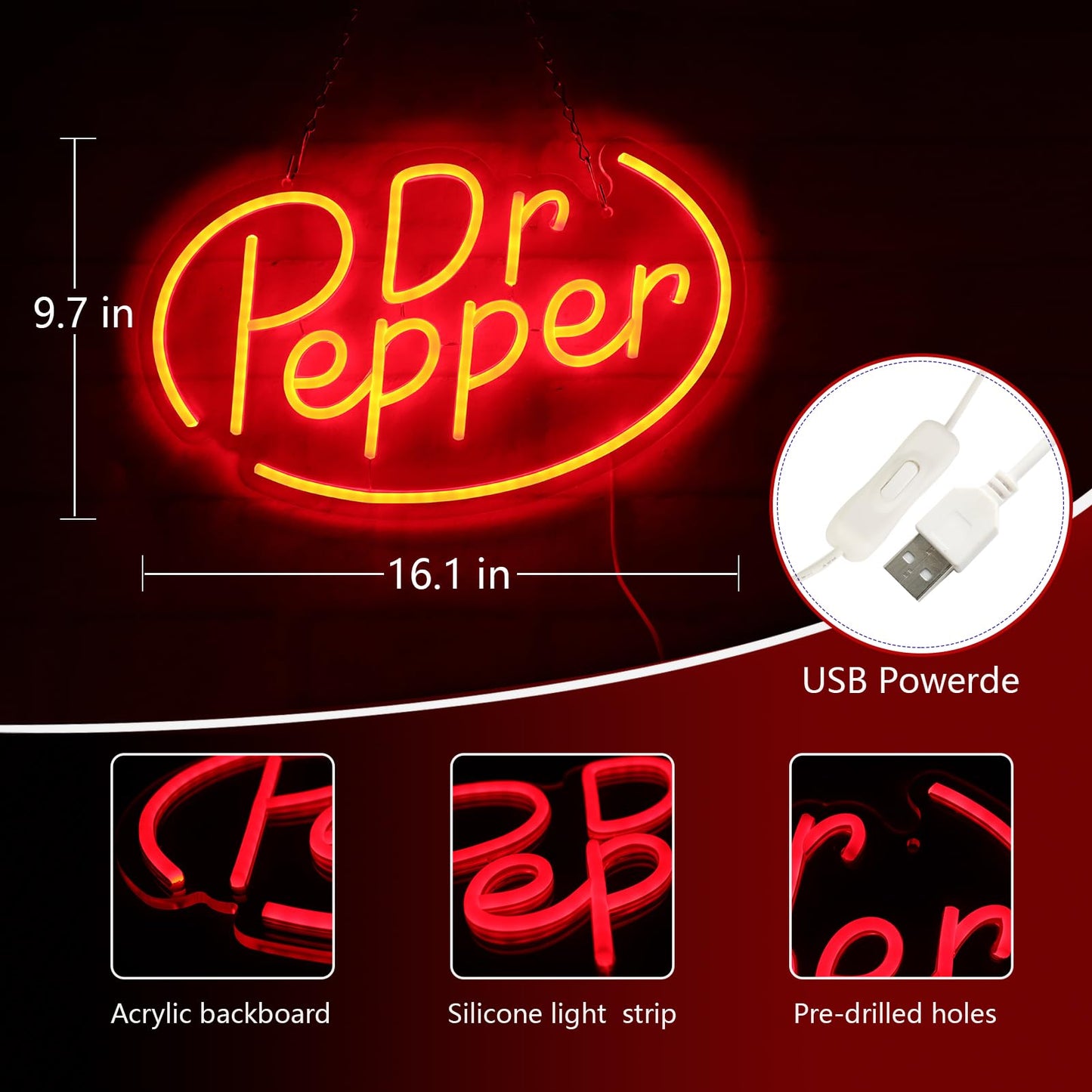 Neon Signs for Wall Decor，Neon Lights for Bedroom Led Business Signs Suitable for Drinks Shop、Man Cave、Christmas Gifts，16 * 10Inch(red)