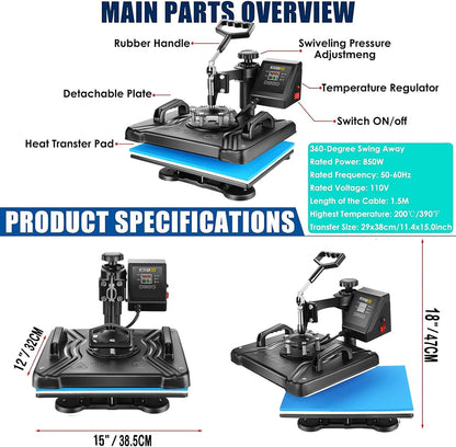 AKEYDIY Professional 5 in 1 Heat Press Machine for t Shirts Digital Heat Press Combo 12" x 15" 360-degree Swing Aweay Shirt Press Machine Sublimation Heat Press for T Shirts Mug Hat Plate