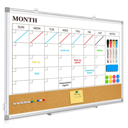 QUEENLINK Dry Erase Calendar Board for Wall, 24"x18" Magnetic Whiteboard Calendar Double-Sided Monthly White Board with Cork Board, Aluminum Frame Memo Message Board for Office, Home, School, Kitchen