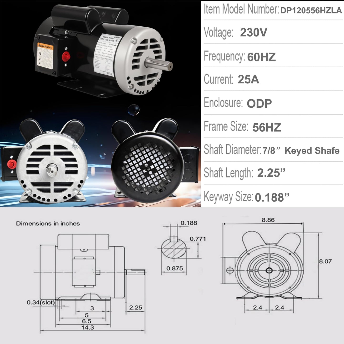 Kunray 5HP Air Compressor Electric Motor, 230V 25 Amps, 56HZ Frame 3450RPM, 7/8" Keyed Shaft, 2.25" Shaft Length, Single Phase, CCW/CW (Factory Setting is CCW)