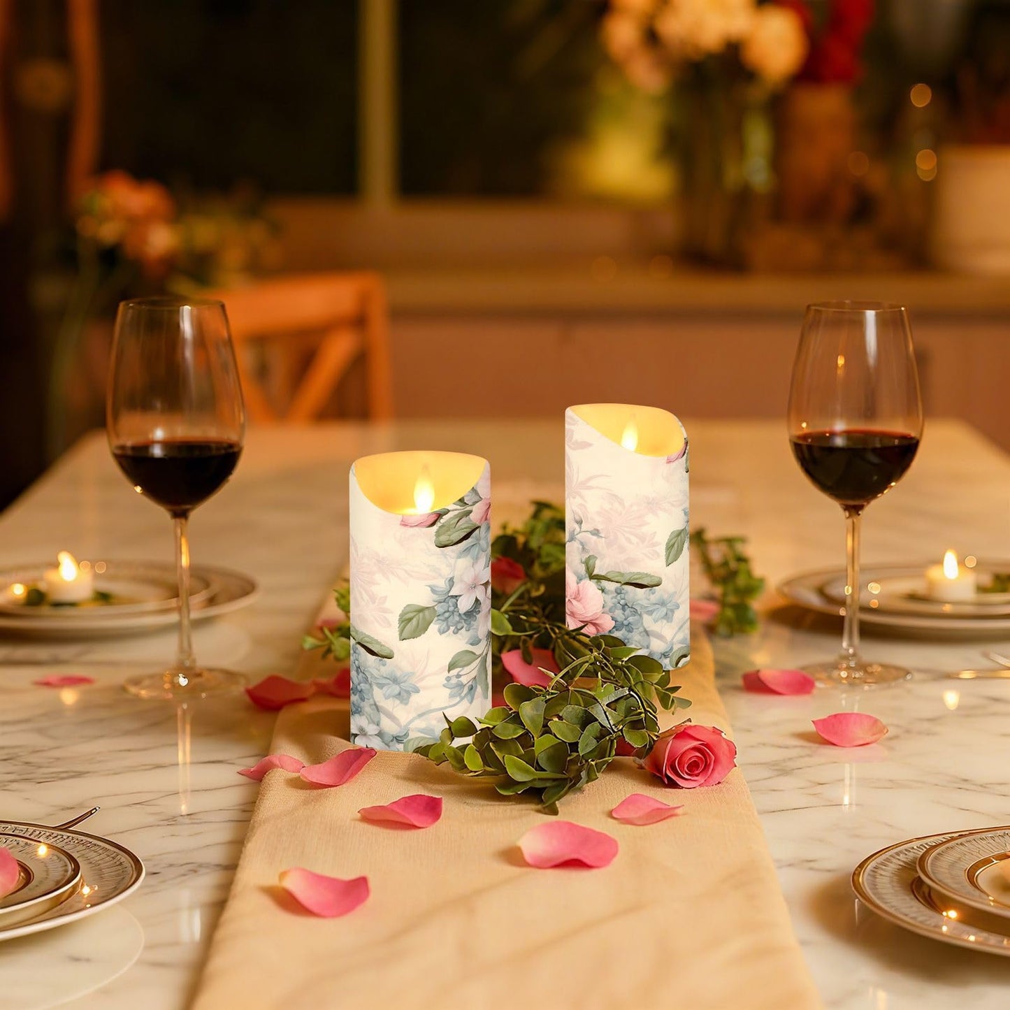 ALAZA Pink Flowers Flora Flickering Flameless Candles Battery Operated with Remote Timer,Tea Light Candles LED Pillar Votive Set of 2 for Outdoor Indoor Decorations 3" x5.9"