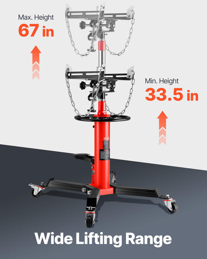 VEVOR 1/2Ton/1100lbs Capacity Hydraulic Transmission Jack, Car & Truck Compatible, 33.5-67 Inch Lift Range, 2-Stage Jack Stand with Foot Pedal, 360 Swivel Wheel, Red