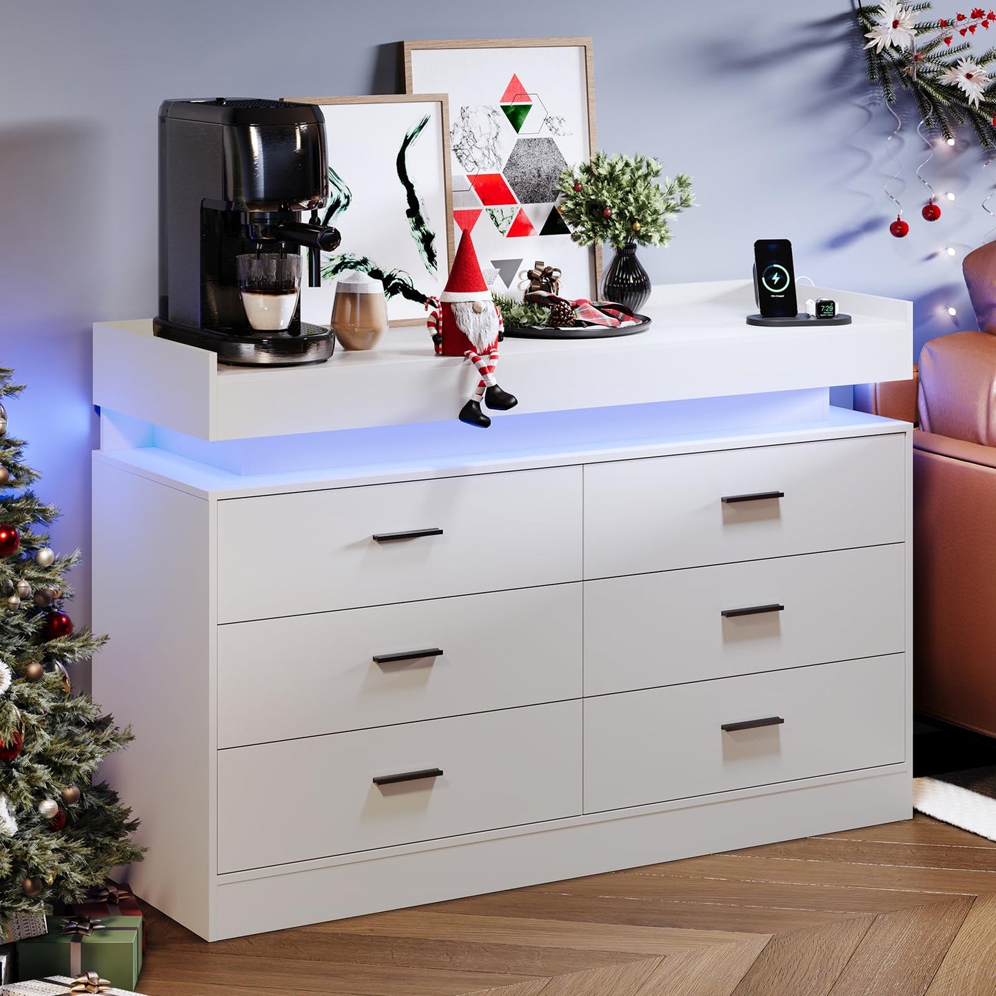 PeacefulHues TV Stand Cabinet with LED Lights & Charging Station, Coffee Bar Cabinet Floating Countertop, Modern Sideboard Buffet 6 Drawers for Home, Living Room, White