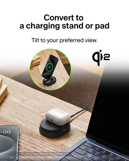 Belkin Convertible Magnetic Charging Stand 15W - MagSafe-Compatible Fast Qi2 Charger for Apple iPhone 15, 14, 16, 16 Plus, 16 Pro, 16 Pro Max, Airpods Pro, & More - Black