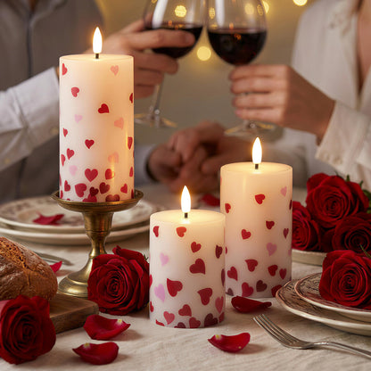 JOIONE Flameless Pillar Candles with Remote, 3 Pack Battery Operated Real Wax LED Candles, Perfect for Home Decorations Fireplace Table, Heart Sticker