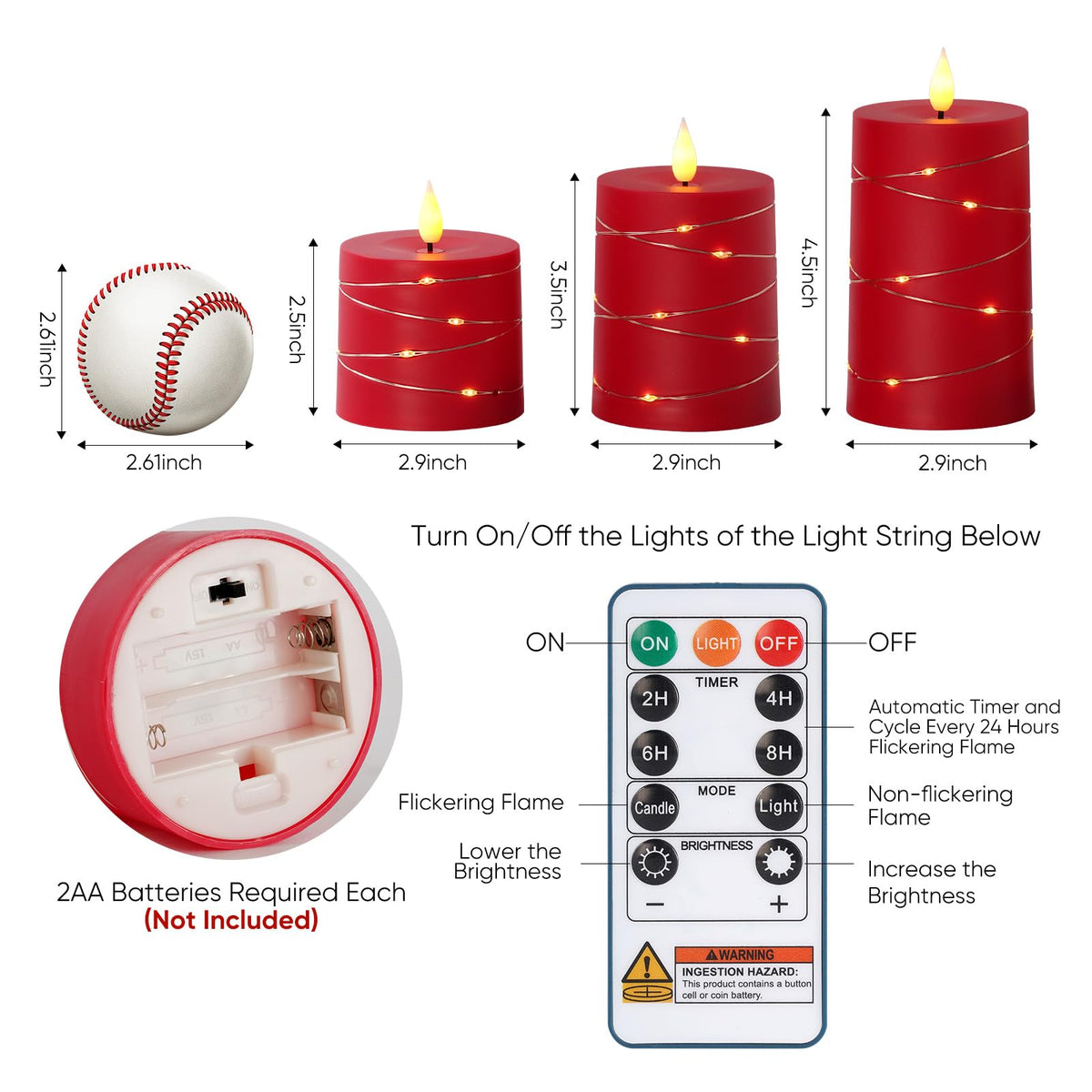 Raycare Independence Day Flameless Candles with Remote Timer, Flickering Battery Operated LED Pillar Fake Candle with String Lights for 4th of July Patriotic Home Decor, Wedding Gift, Red, Set of 3