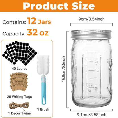 CycleMore Wide Mouth Mason Jars 32 oz, 12 Pack Large Glass Mason Jar with Metal Airtight Lids and Bands, 1 Quart Canning Jars for Pickling, Fermenting, Food Storage & DIY Projects