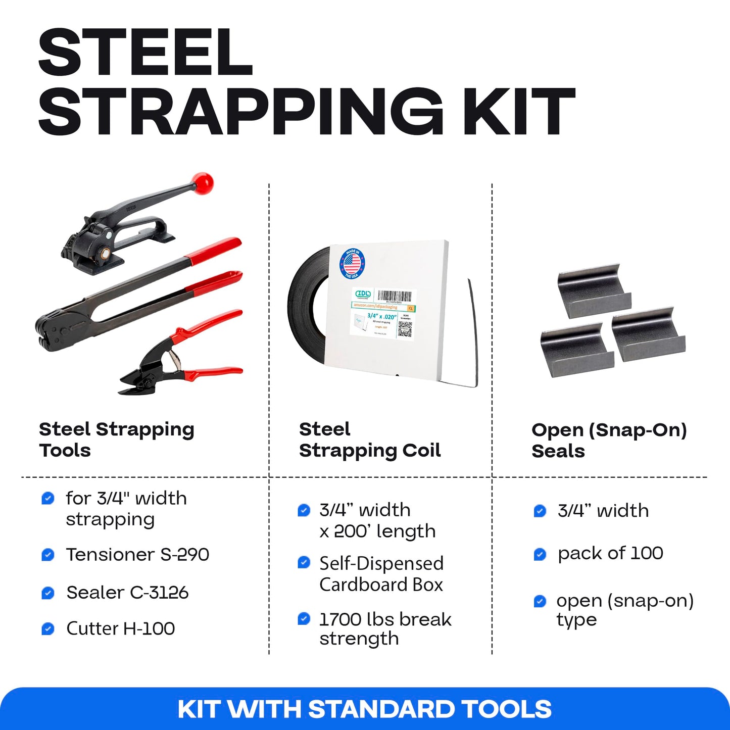 IDL Packaging - B.SSK.34.200 Portable 3/4" x 200' Steel Strapping Kit, 1700 lbs Break Strength – Full Packaging Strapping Solution – Standard Banding Kit