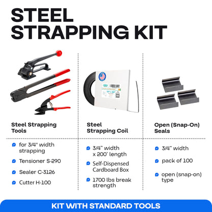 IDL Packaging - B.SSK.34.200 Portable 3/4" x 200' Steel Strapping Kit, 1700 lbs Break Strength – Full Packaging Strapping Solution – Standard Banding Kit