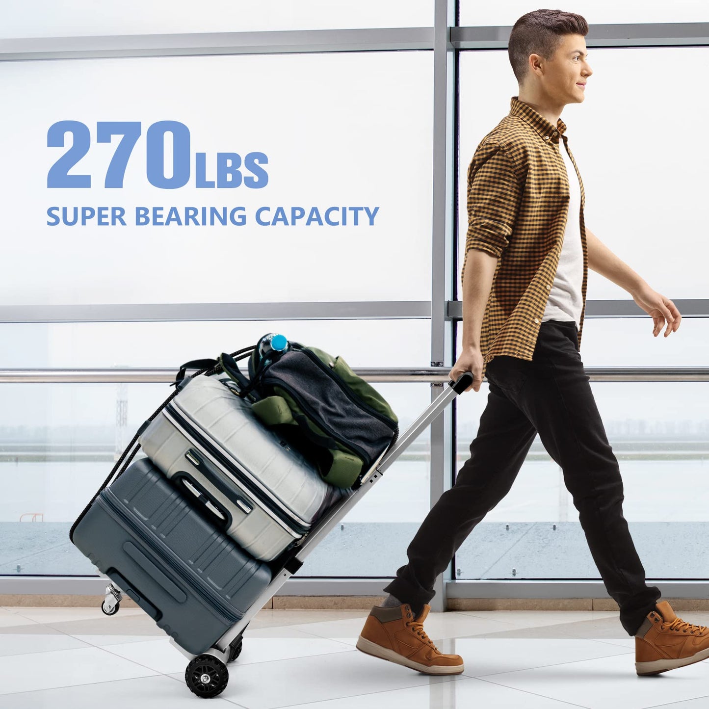 KEDSUM 270LBS Utility Luggage Cart with 4 Wheels, 100% Aluminum Hand Truck Dolly, Folding Hand Truck with Advanced Tank Wheels, Portable Dolly Cart for Luggage, Travel, Shopping, Office Use