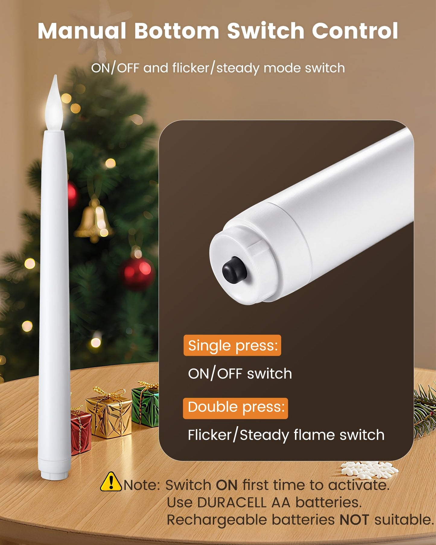 SURAIELEC 10.5'' Battery Window Candles with Dusk-to-Dawn, Christmas Taper Window Candle, 5000K Clear White LED Candle, 1.7‘’ Narrow Base, Matte Black, 4 Pack (Rechargeable Battery Not Compatible)