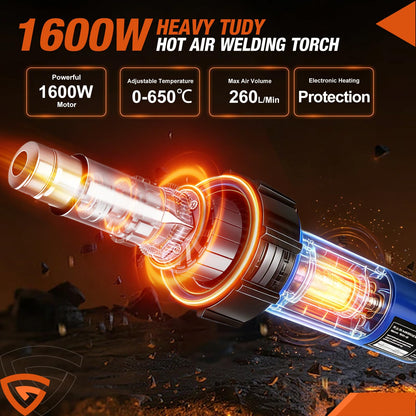 Hot Air Gun PVC Heat Gun Hand Held Plastic Welder heating gun 110V 1600W, Vinyl Welding Handheld Plastic Hot Air Heat Gun Welding Torch with Various Rollers & Stainless Steel Nozzles