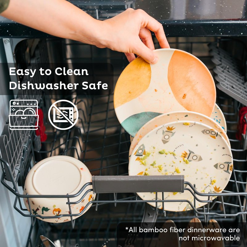 Nook Theory 4 Pack Reusable Bamboo Plates - Non-Toxic Toddler and Kids Plate, Dishwasher Safe, Not Microwavable Dinnerware (Celebration 8")