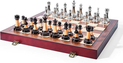 VAMSLOVE Chess Set Large 16''/42cm Folding Wooden Board with Deluxe Weighted Acrylic Chess Pieces - 3.5 King with Storage Slots for Adults House Warming Retirement Gift