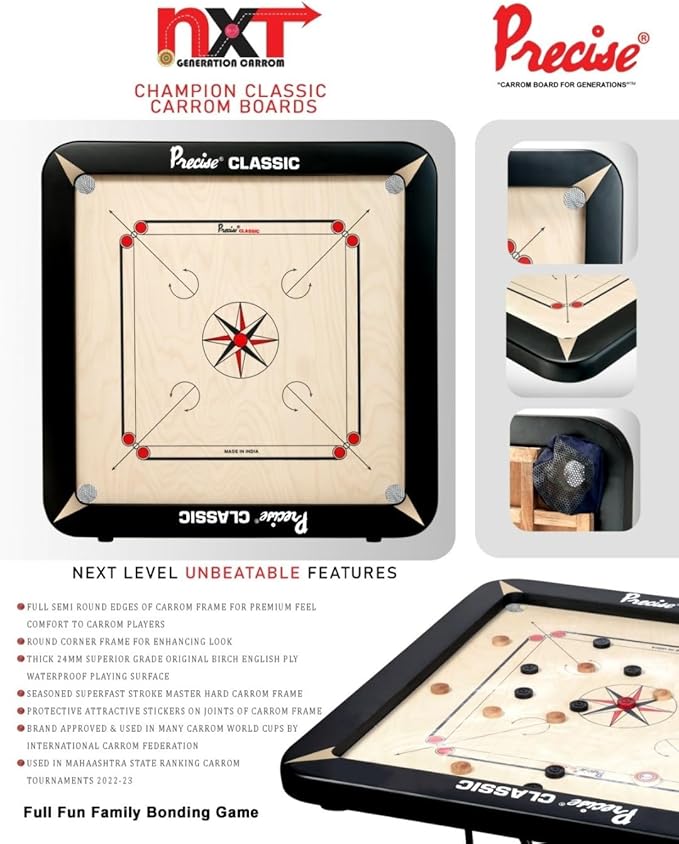 T TABAKH Precise Classic 24mm Carrom Board with Coins Striker and Powder Black 1-4 Players Ages 13 and Up